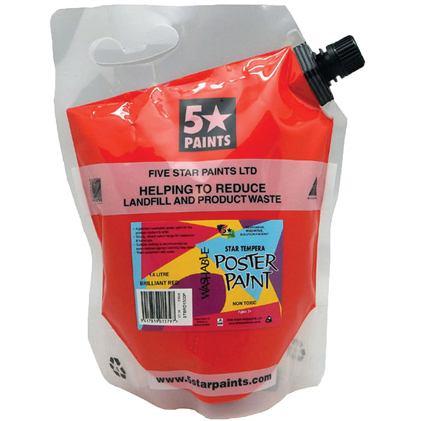 5 STAR TEMPERA POSTER PAINT POUCH WASHABLE 15L BRILLIANT RED