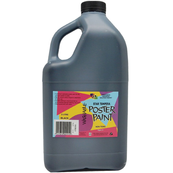 5 STAR TEMPERA POSTER PAINT WASHABLE BOTTLE 2L BLACK