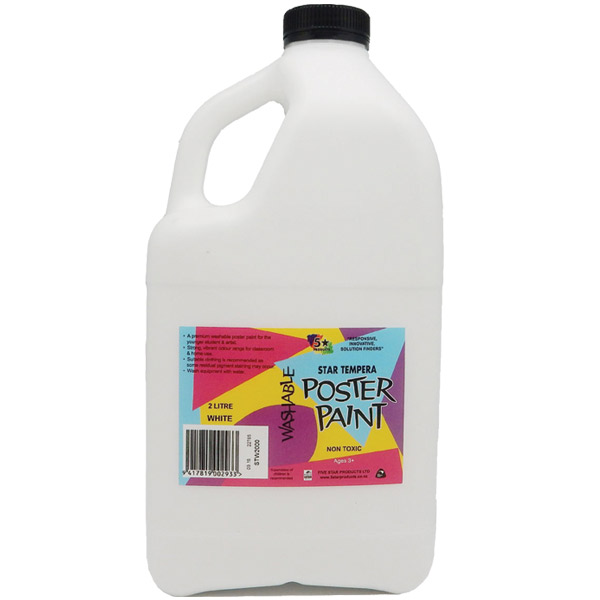 5 STAR TEMPERA POSTER PAINT WASHABLE BOTTLE 2L WHITE