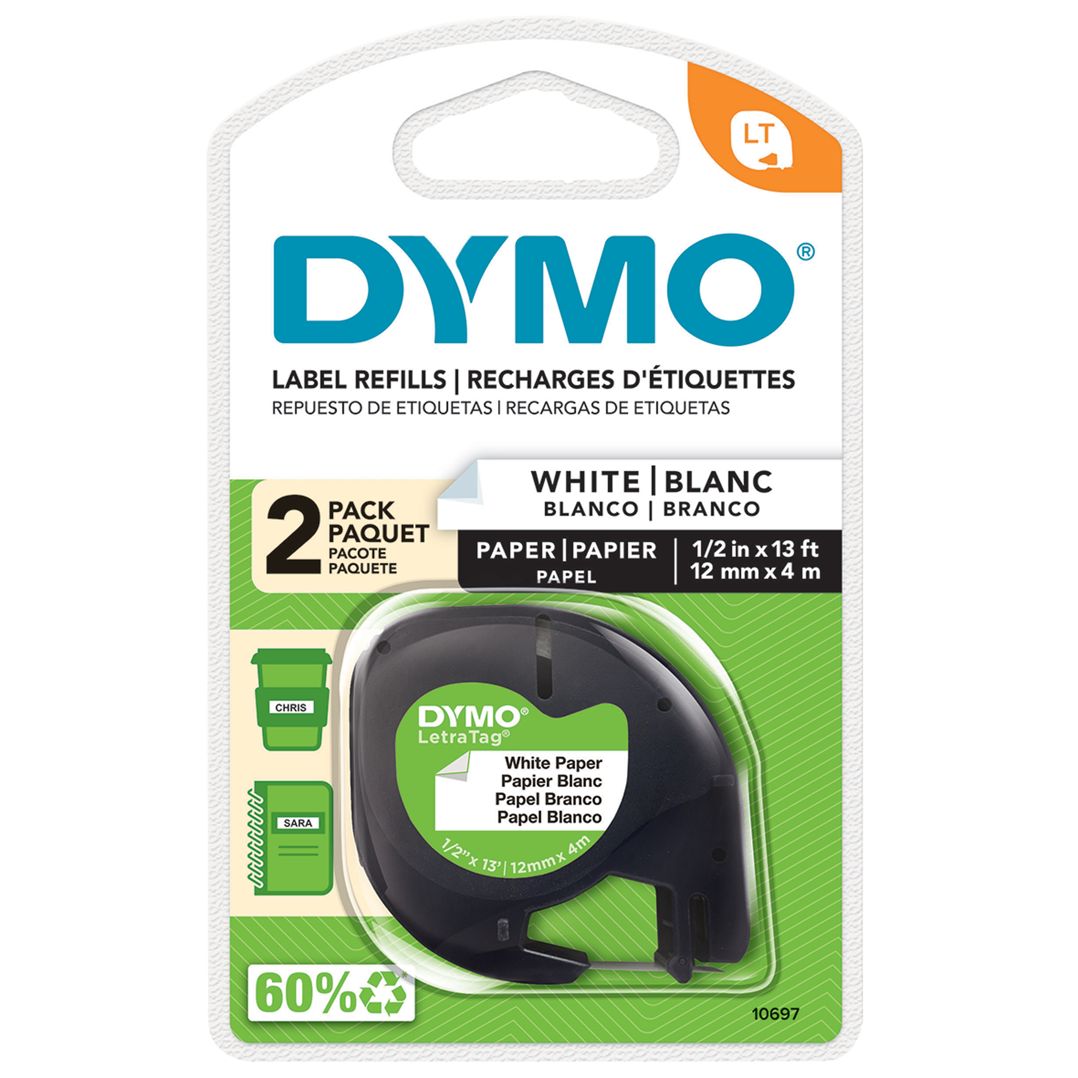 DYMO 92630 LETRATAG LABELLING TAPE PAPER 12MM X 4M BLACK ON PEARL WHITE PACK 2