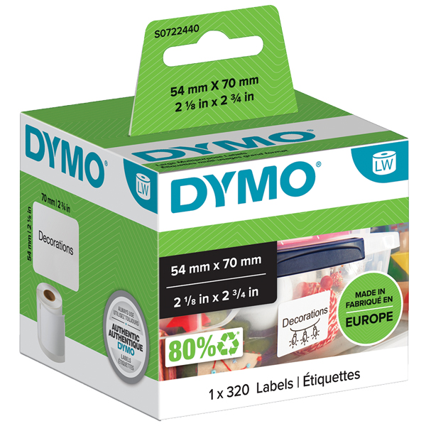 DYMO 99015 LW MULTIPURPOSE DISK LABELS 54 X 70MM WHITE ROLL 320