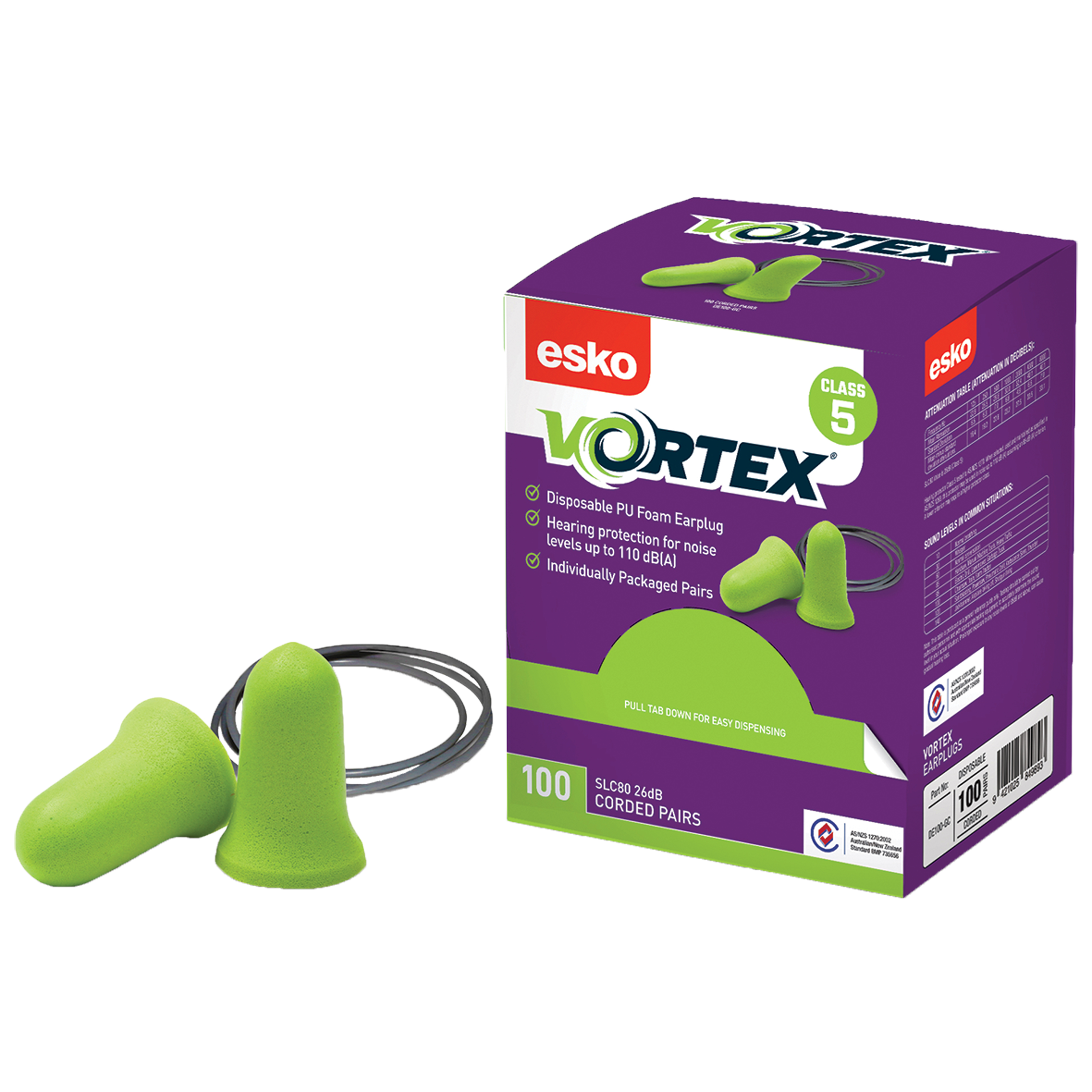 ESKO VORTEX BELLSHAPED CORDED EARPLUGS GREEN PAIRS BOX 100
