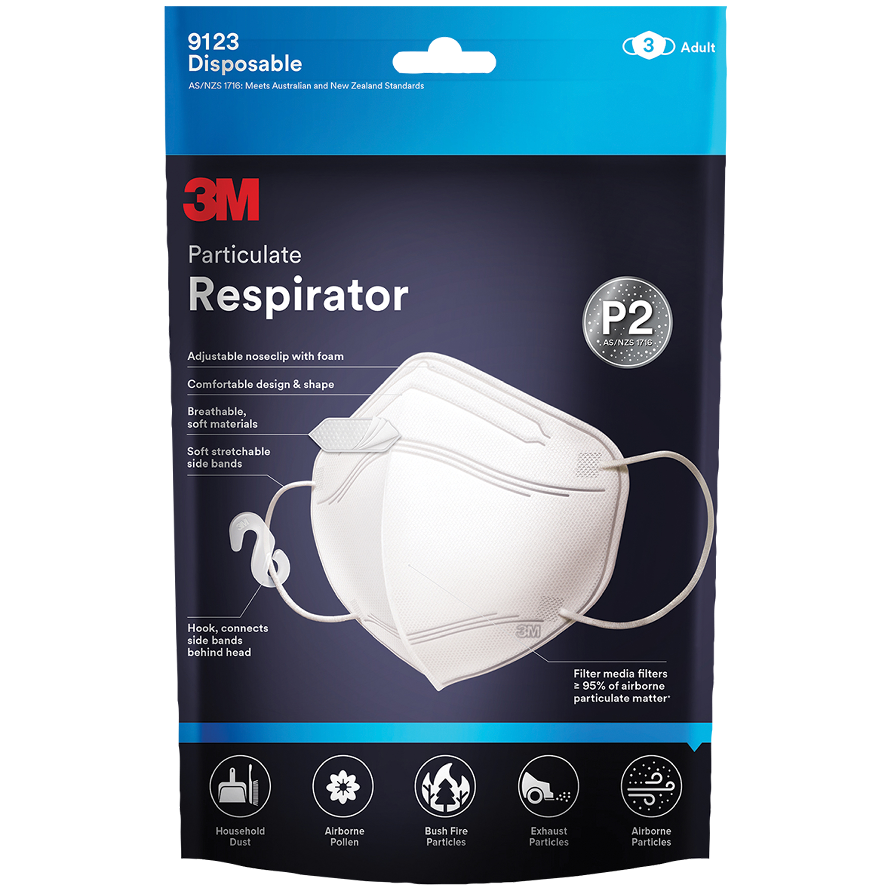 3M 9123 P2 FACE MASK PARTICULATE RESPIRATOR WHITE PACK 3