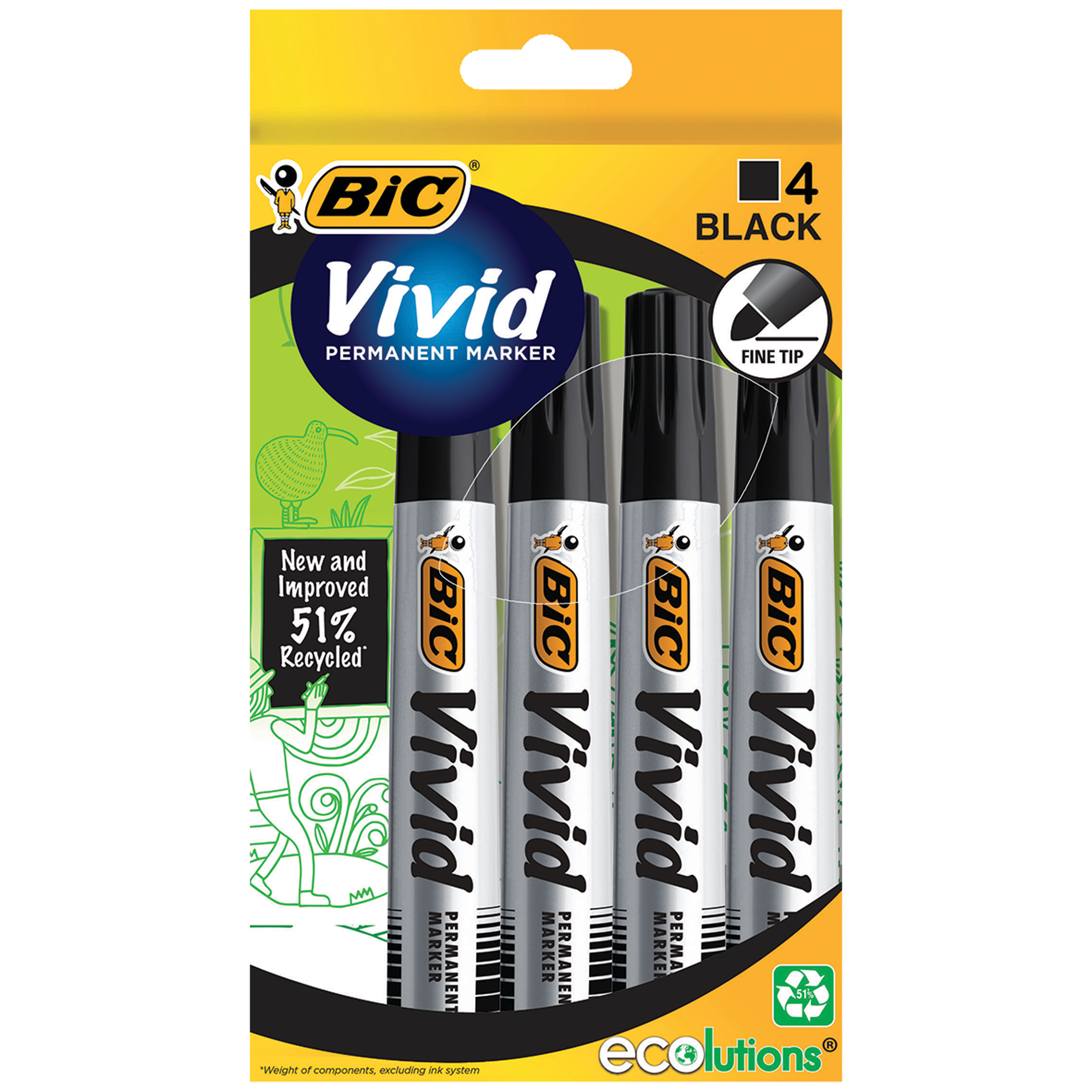 BIC ECOLUTIONS VIVID PERMANENT MARKER BULLET BLACK PACK 4