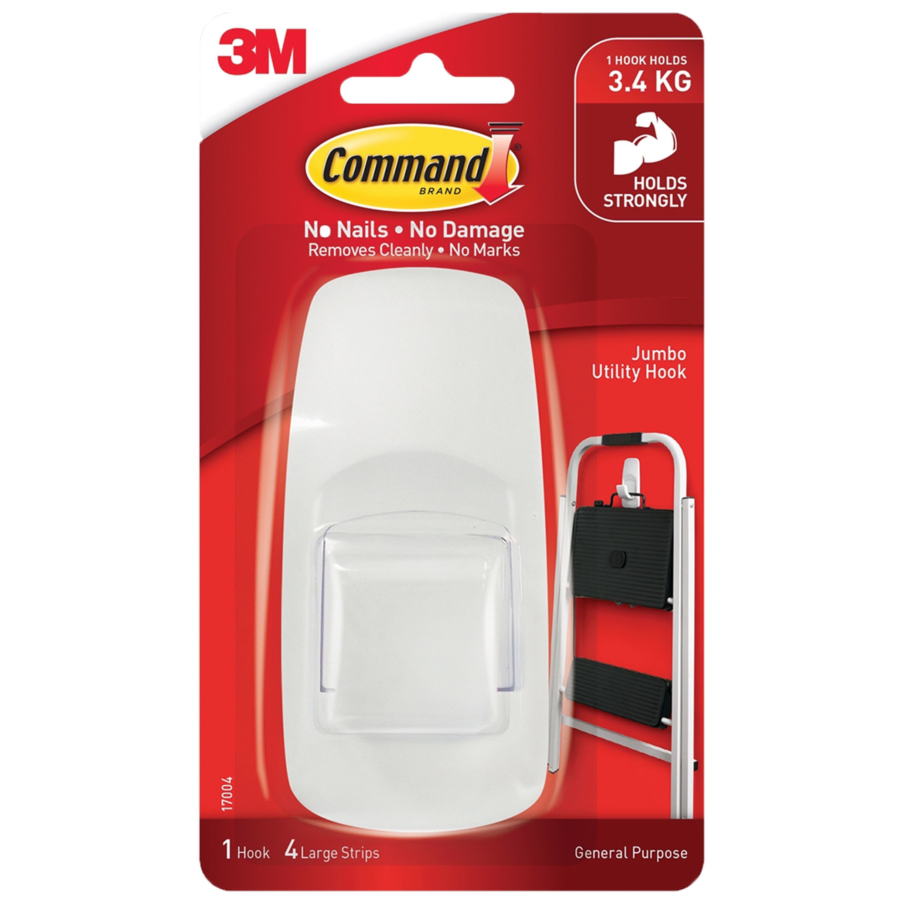 COMMAND ADHESIVE JUMBO HOOK WHITE PACK 1 HOOK AND 4 STRIPS