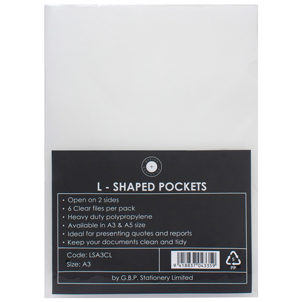 OFFICE SUPPLY CO LSHAPED POCKET A3 CLEAR PACK 6