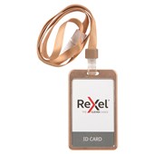 REXEL ID CARD HOLDER ALUMINIUM PORTRAIT WITH LANYARD ROSE GOLD