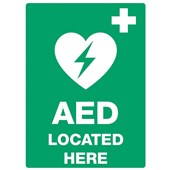 DEFIBRILLATOR AED LOCATED HERE SIGN 300 X 400MM GREEN