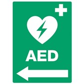 DEFIBRILLATOR AED LEFT ARROW SIGN 300 X 400MM GREEN