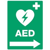 DEFIBRILLATOR AED RIGHT ARROW SIGN 300 X 400MM GREEN