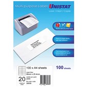 UNISTAT 38936 MULTIPURPOSE LABEL 20UP 98 X 254MM WHITE PACK 100