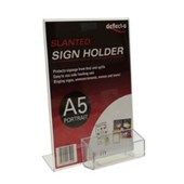 DEFLECTO SIGN HOLDER A5 SLANTED FREESTANDING PORTRAIT WITH BUSINESS CARD HOLDER CLEAR