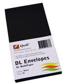 QUILL DL COLOURED ENVELOPES PLAINFACE STRIP SEAL 80GSM 110 X 220MM BLACK PACK 25