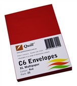 QUILL C6 COLOURED ENVELOPES PLAINFACE STRIP SEAL 80GSM 114 X 162MM RED PACK 25