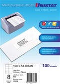 UNISTAT 38934 MULTIPURPOSE LABEL 8UP 105 X 74MM WHITE PACK 100