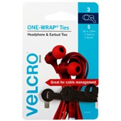 VELCRO BRAND ONEWRAP CABLE TIES HEADPHONE AND EARBUD 6 X 76MM BLACK PACK 3